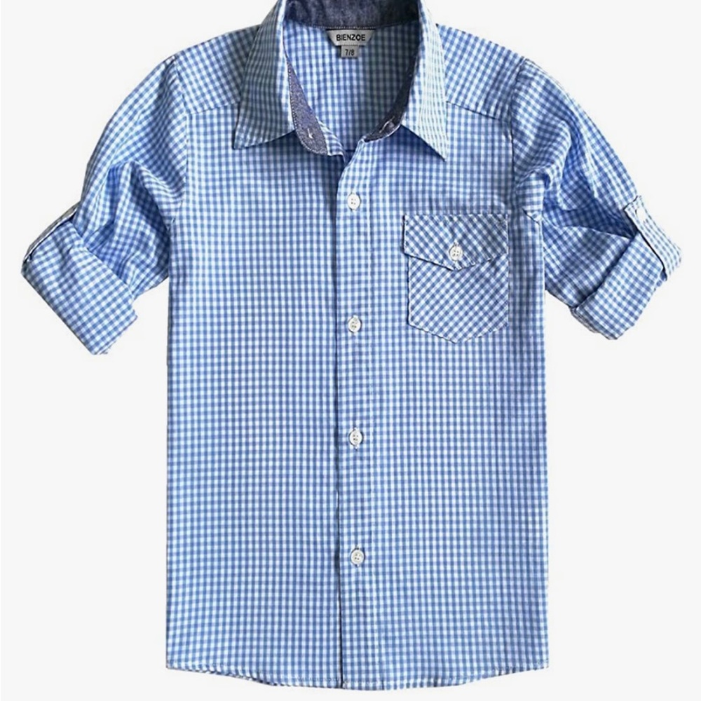 Bienzoe blue and white plaid boys shirt with roll up sleeves. Size 9/10